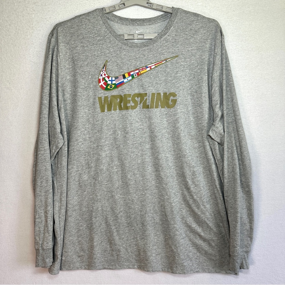 Nike Wrestling T Shirt Mens 3XL Gray Long Sleeve Logo Swoosh Athletic Dri Fit